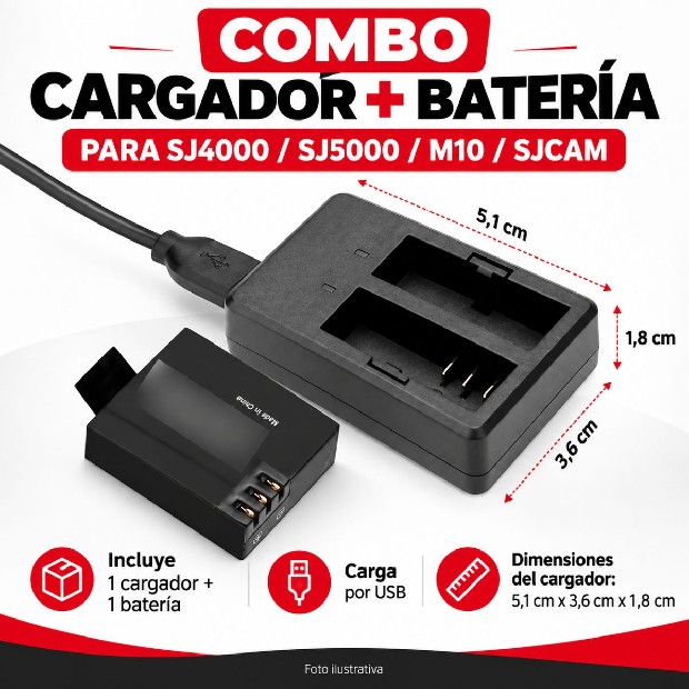 &u+ COMBO CARGADOR + BATERIA SJ4000 SJ5000 M10 SJCAM